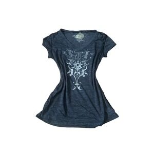 Eco Yoga V Neck Sheer Burnout Embellished Graphic Tee‎ Shirt Women's Y2K
